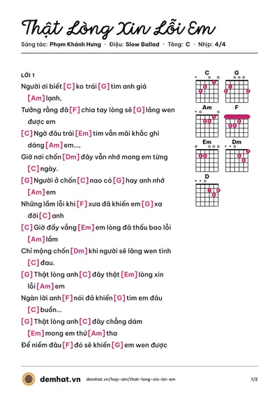 Hợp âm Thật Lòng Xin Lỗi Em (Phạm Khánh Hưng) – bản nhạc PDF trang 1, tông C