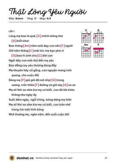 Hợp âm Thật Lòng Yêu Người (Quân Keyboard) – bản nhạc PDF trang 1, tông C