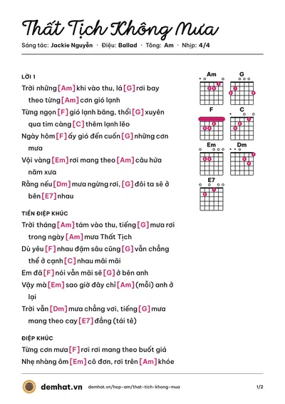 Hợp âm Thất Tịch Không Mưa (Jackie Nguyễn) – bản nhạc PDF trang 1, tông Am