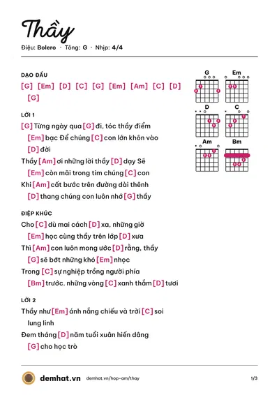 Hợp âm Thầy (Hoàng Lê) – bản nhạc PDF trang 1, tông G