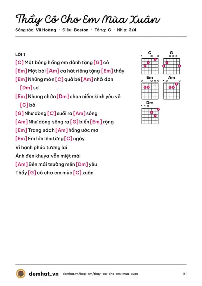 Hợp âm Thầy Cô Cho Em Mùa Xuân (Khánh Ngọc) – bản nhạc PDF trang 1, tông C