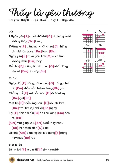 Hợp âm Thấy là yêu thương (Only C) – bản nhạc PDF trang 1, tông F
