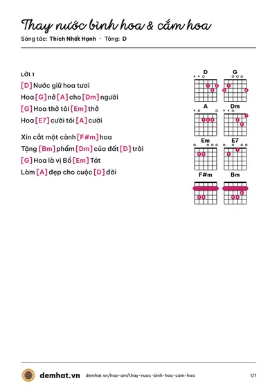 Hợp âm Thay nước bình hoa & cắm hoa (Trung Hậu) – bản nhạc PDF trang 1, tông D