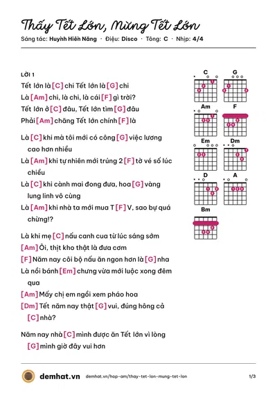 Hợp âm Thấy Tết Lớn, Mừng Tết Lớn (Trúc Nhân) – bản nhạc PDF trang 1, tông C