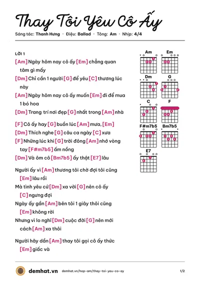 Hợp âm Thay Tôi Yêu Cô Ấy (Thanh Hưng) – bản nhạc PDF trang 1, tông Am