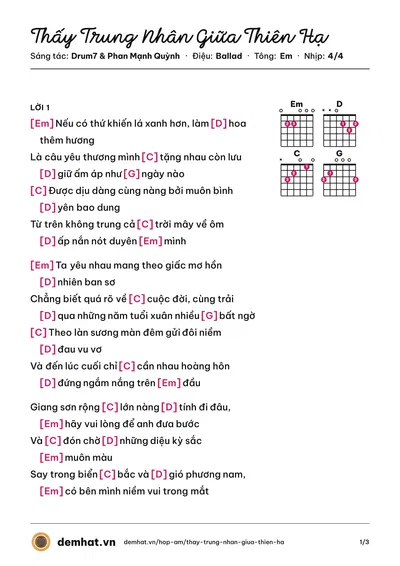 Hợp âm Thấy Trung Nhân Giữa Thiên Hạ (Phan Mạnh Quỳnh) – bản nhạc PDF trang 1, tông Em