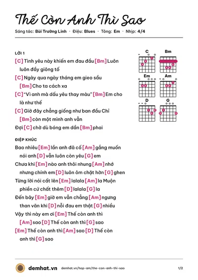 Hợp âm Thế Còn Anh Thì Sao (Bùi Trường Linh) – bản nhạc PDF trang 1, tông Em