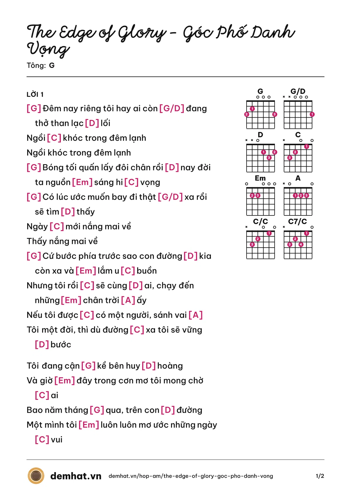 Hợp âm The Edge of Glory - Góc Phố Danh Vọng (Linh Kid) – bản nhạc PDF trang 1, tông G