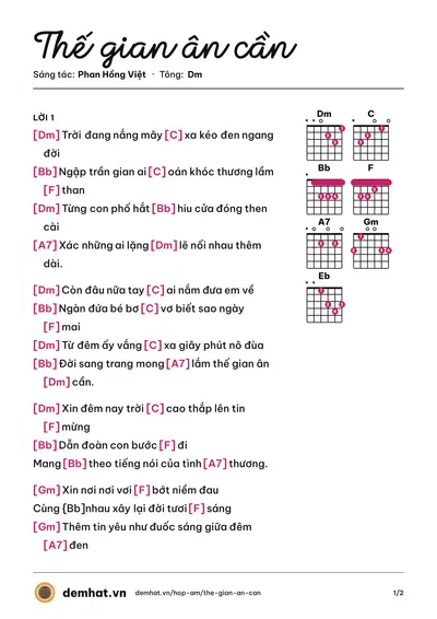 Hợp âm Thế gian ân cần (Triều Linh) – bản nhạc PDF trang 1, tông Dm