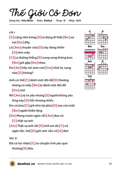 Hợp âm Thế Giới Cô Đơn (Hửu Nhân) – bản nhạc PDF trang 1, tông G