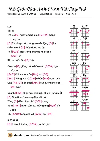 Hợp âm Thế Giới Của Anh (Tinh Hà Say Hi) (Dương Domic) – bản nhạc PDF trang 1, tông G