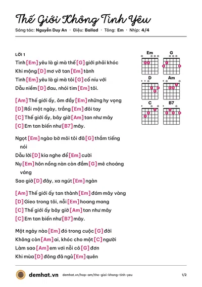 Hợp âm Thế Giới Không Tình Yêu (Lâm Nhật Tiến) – bản nhạc PDF trang 1, tông Em