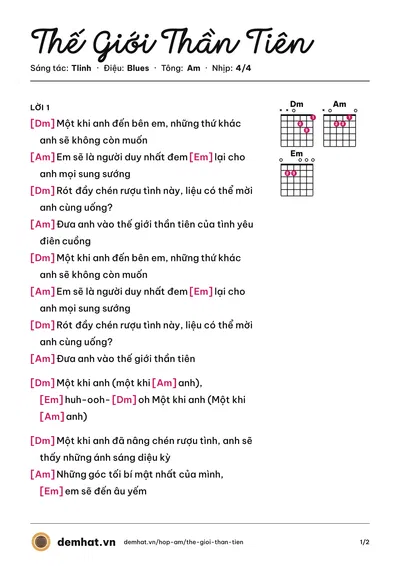 Hợp âm Thế Giới Thần Tiên (Tlinh) – bản nhạc PDF trang 1, tông Am