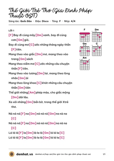 Hợp âm Thế Giới Trẻ Thơ (Gia Đình Phép Thuật OST) (Quỳnh Như) – bản nhạc PDF trang 1, tông F