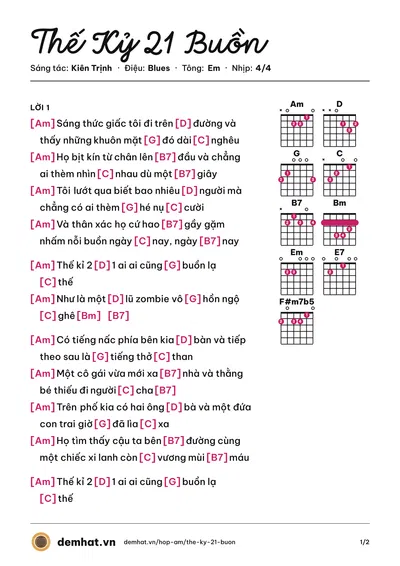 Hợp âm Thế Kỷ 21 Buồn (Kiên Trịnh) – bản nhạc PDF trang 1, tông Em