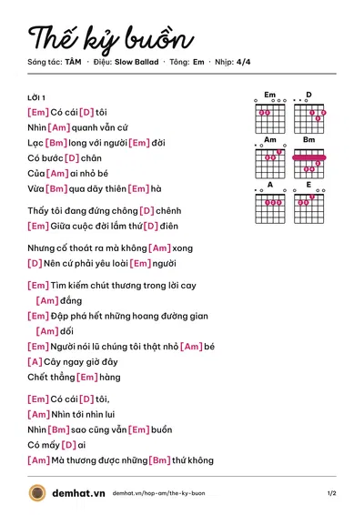 Hợp âm Thế kỷ buồn (TÂM) – bản nhạc PDF trang 1, tông Em