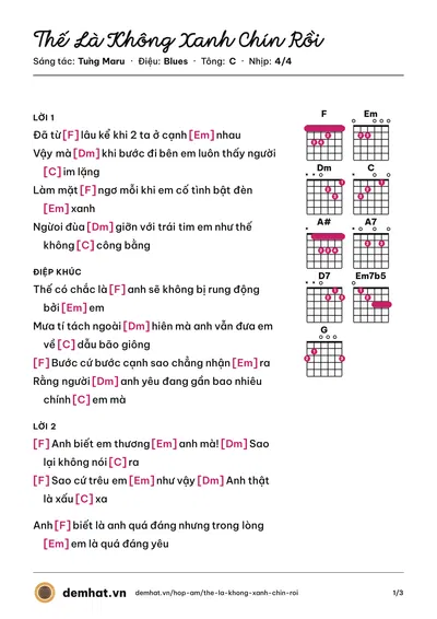 Hợp âm Thế Là Không Xanh Chín Rồi (Han SaRa) – bản nhạc PDF trang 1, tông C