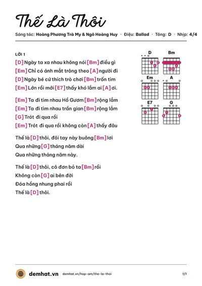 Hợp âm Thế Là Thôi (Hoàng Phương Trà My) – bản nhạc PDF trang 1, tông D