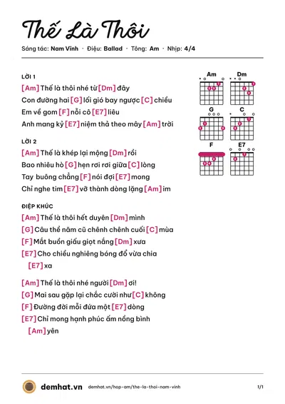 Hợp âm Thế Là Thôi (Quỳnh Hà) – bản nhạc PDF trang 1, tông Am