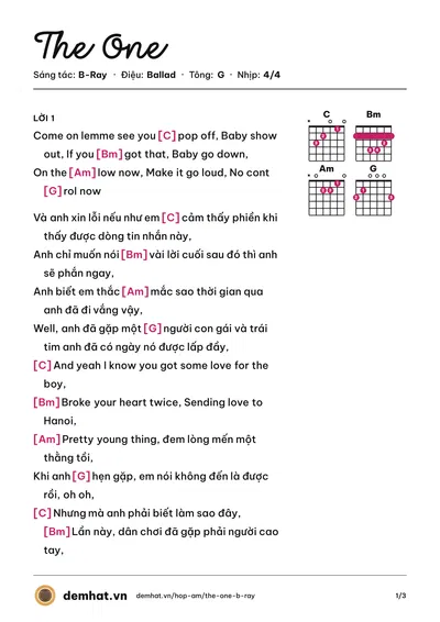 Hợp âm The One (B-Ray) – bản nhạc PDF trang 1, tông G