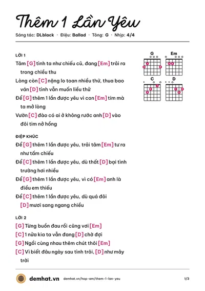 Hợp âm Thêm 1 Lần Yêu (DLblack) – bản nhạc PDF trang 1, tông G