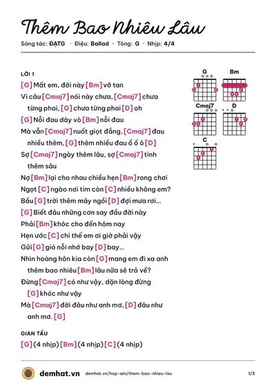 Hợp âm Thêm Bao Nhiêu Lâu (ĐẠTG) – bản nhạc PDF trang 1, tông G