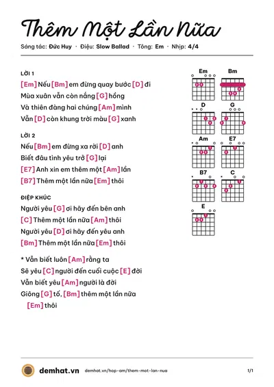 Hợp âm Thêm Một Lần Nữa (Hồ Trung Dũng) – bản nhạc PDF trang 1, tông Em