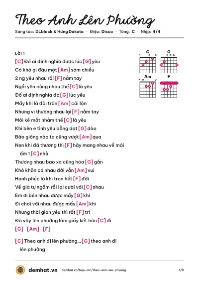 Hợp âm Theo Anh Lên Phường (DLblack) – bản nhạc PDF trang 1, tông C