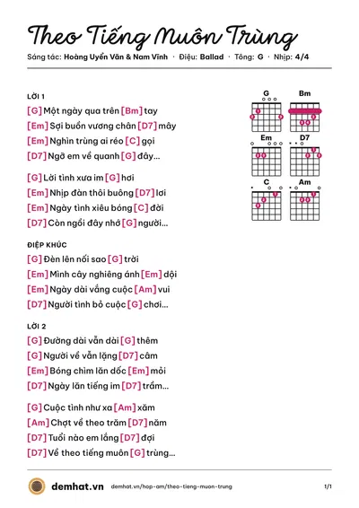Hợp âm Theo Tiếng Muôn Trùng (Hoàng Uyển Văn) – bản nhạc PDF trang 1, tông G