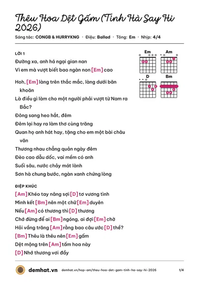 Hợp âm Thêu Hoa Dệt Gấm (Tinh Hà Say Hi 2026) (Bùi Trường Linh) – bản nhạc PDF trang 1, tông Em