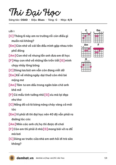 Hợp âm Thi Đại Học (OSAD) – bản nhạc PDF trang 1, tông C