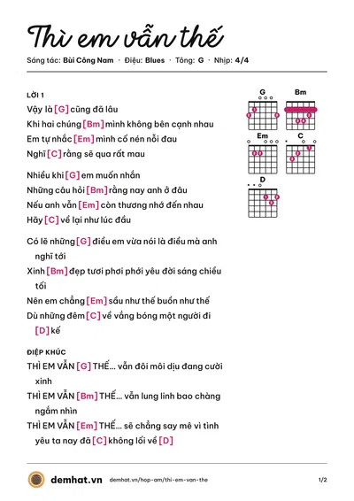 Hợp âm Thì em vẫn thế (Tóc Tiên) – bản nhạc PDF trang 1, tông G