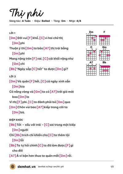 Hợp âm Thị phi (A Tuân) – bản nhạc PDF trang 1, tông Dm