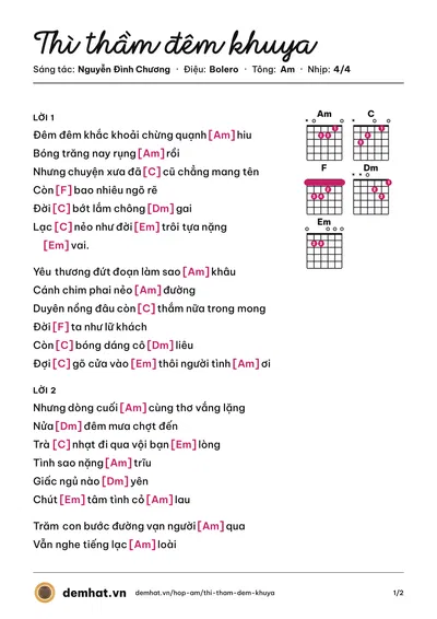 Hợp âm Thì thầm đêm khuya (Nguyễn Đình Chương) – bản nhạc PDF trang 1, tông Am