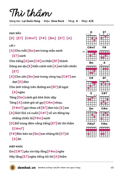 Hợp âm Thì thầm (Thụy Long) – bản nhạc PDF trang 1, tông A