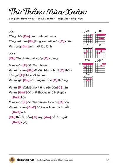 Hợp âm Thì Thầm Mùa Xuân (Cao Thái Sơn) – bản nhạc PDF trang 1, tông Dm