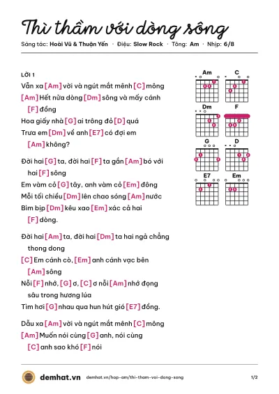 Hợp âm Thì thầm với dòng sông (Anh Thơ) – bản nhạc PDF trang 1, tông Am