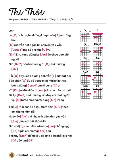 Hợp âm Thì Thôi (Reddy) – bản nhạc PDF trang 1, tông C
