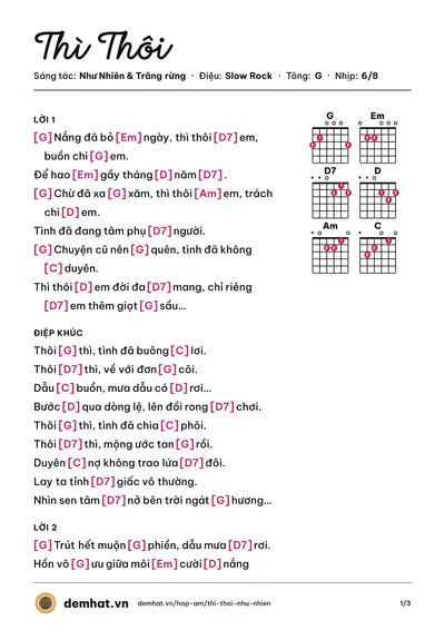 Hợp âm Thì Thôi (Kim Thư) – bản nhạc PDF trang 1, tông G