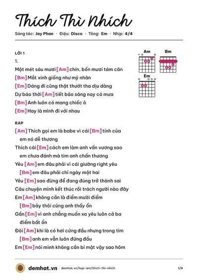 Hợp âm Thích Thì Nhích (Jay Phan) – bản nhạc PDF trang 1, tông Em