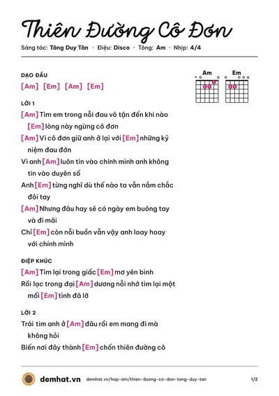 Hợp âm Thiên Đường Cô Đơn (Tăng Duy Tân) – bản nhạc PDF trang 1, tông Am
