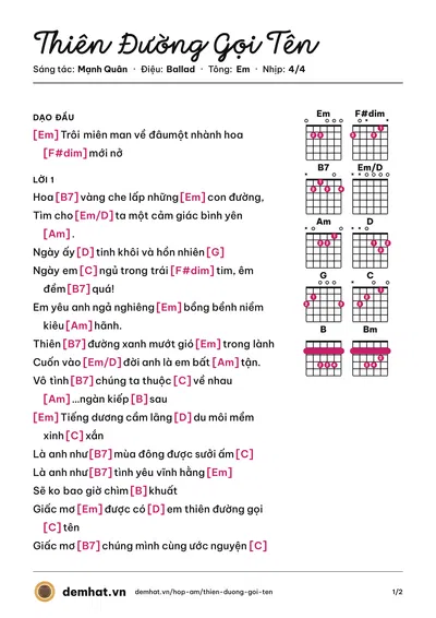 Hợp âm Thiên Đường Gọi Tên (Mỹ Dung) – bản nhạc PDF trang 1, tông Em