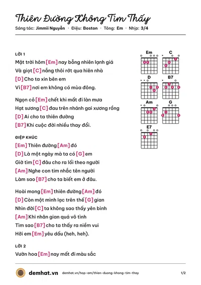 Hợp âm Thiên Đường Không Tìm Thấy (Jimmii Nguyễn) – bản nhạc PDF trang 1, tông Em