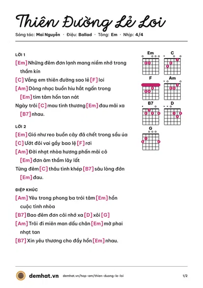 Hợp âm Thiên Đường Lẻ Loi (Huy Nhật) – bản nhạc PDF trang 1, tông Em