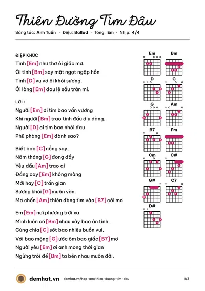 Hợp âm Thiên Đường Tìm Đâu (Ngọc Lan) – bản nhạc PDF trang 1, tông Em