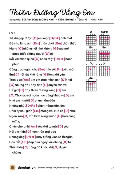 Hợp âm Thiên Đường Vắng Em (Đăng Khôi) – bản nhạc PDF trang 1, tông G