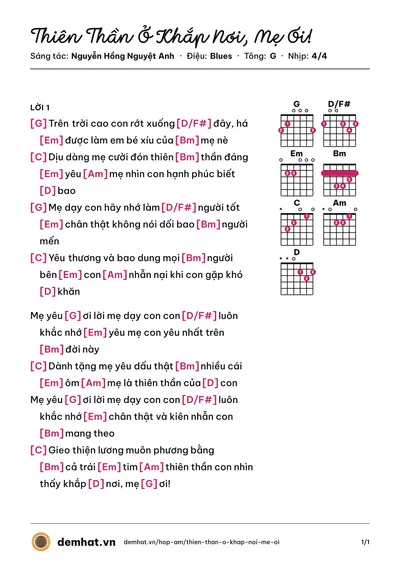 Hợp âm Thiên Thần Ở Khắp Nơi, Mẹ Ơi! (Kaang) – bản nhạc PDF trang 1, tông G