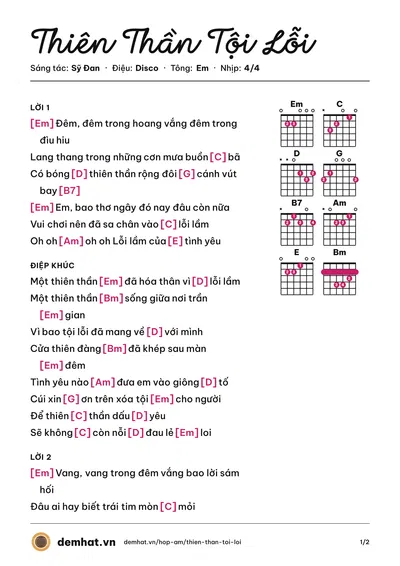 Hợp âm Thiên Thần Tội Lỗi (Đoàn Phi) – bản nhạc PDF trang 1, tông Em