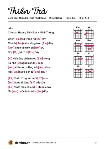 Hợp âm Thiền Trà (Diệu Đan) – bản nhạc PDF trang 1, tông Em