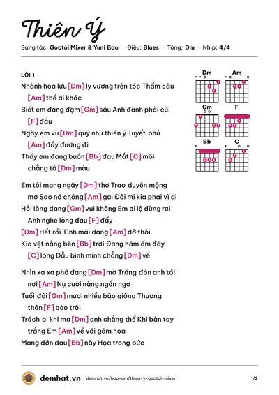 Hợp âm Thiên Ý (Yuni Boo) – bản nhạc PDF trang 1, tông Dm